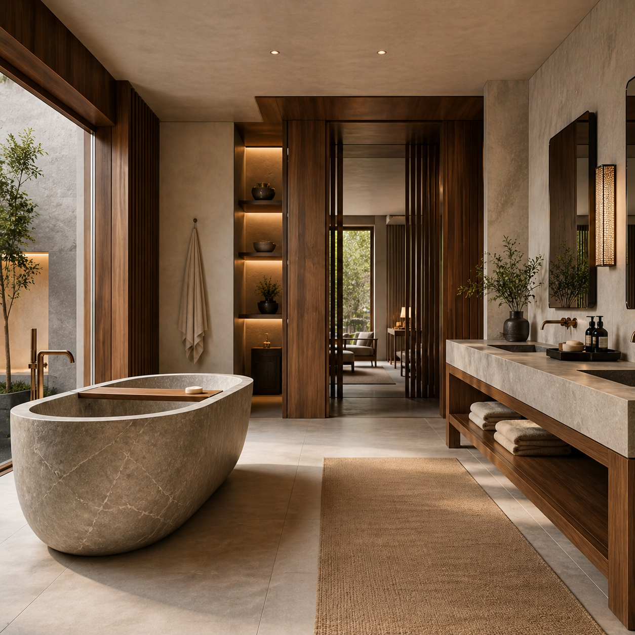 OIXDESIGN custom bath project image with natural stone bathtub and vanity in a refined bathroom
