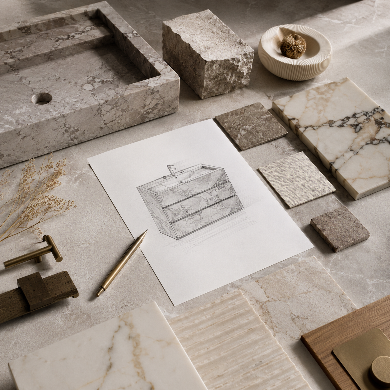 Custom natural stone bath project with refined architectural styling by OIXDESIGN