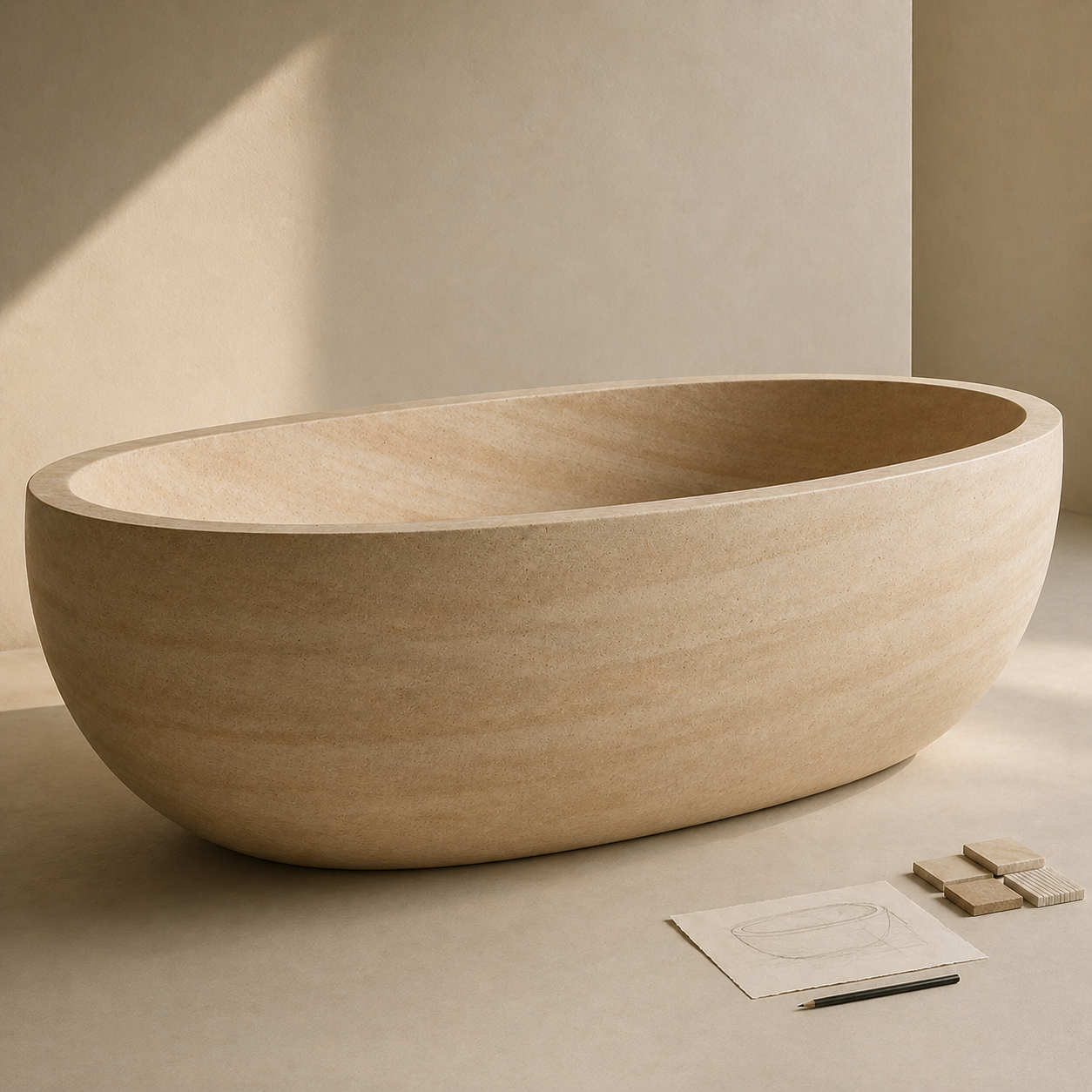 OIXDESIGN custom bath projects concept with a full-size natural stone bathtub, material samples, and design sketch