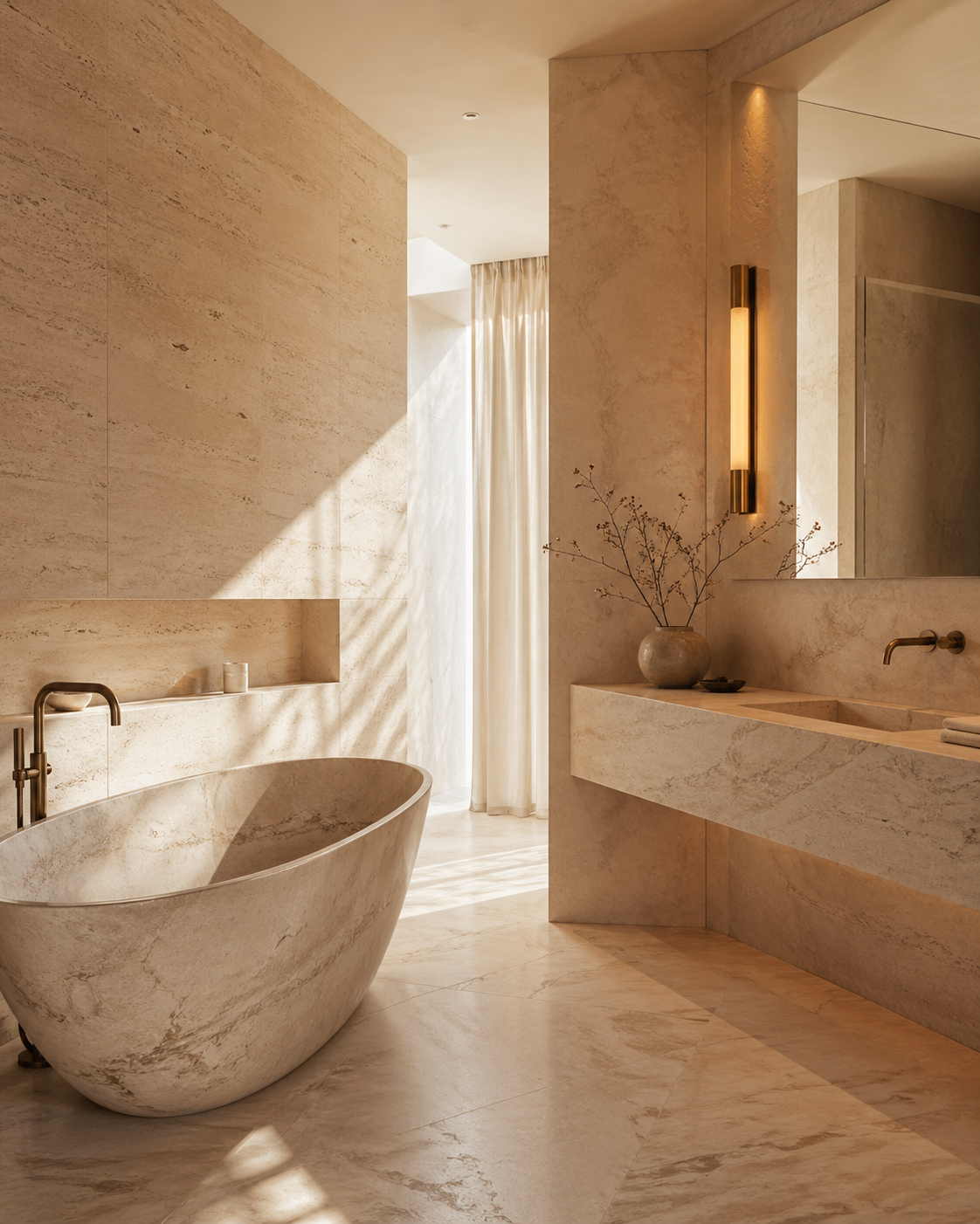 Luxury natural stone bathroom with a freestanding stone bathtub and integrated stone vanity in warm beige tones by OIXDESIGN