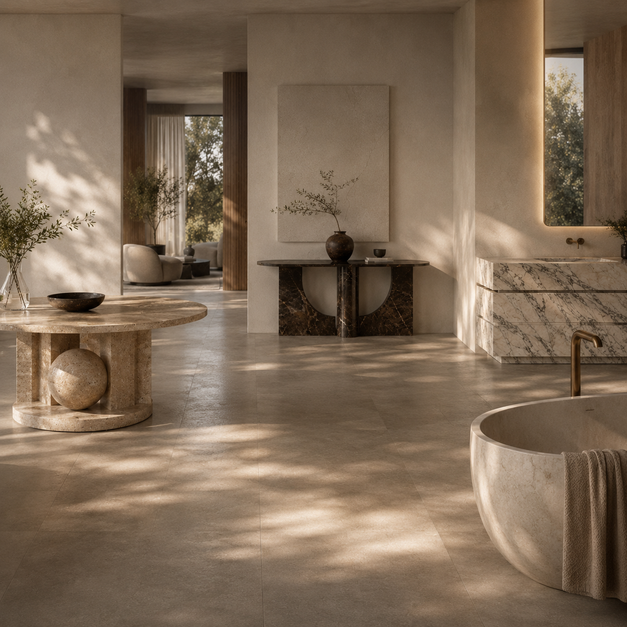 Luxury custom bath project featuring natural stone bathtub, vanity, and warm architectural bathroom design.