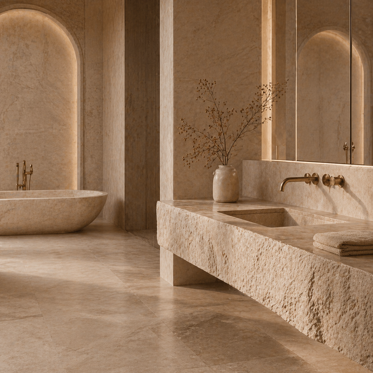 OIXDESIGN custom bath project featuring a natural stone vanity and freestanding stone bathtub in a luxury bathroom interior.