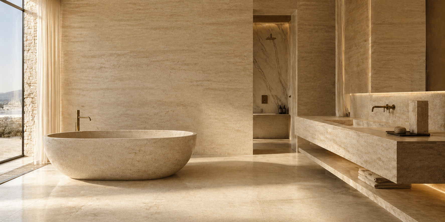 Freestanding travertine stone bathtub in a refined luxury bathroom interior for custom bath projects by OIXDESIGN.