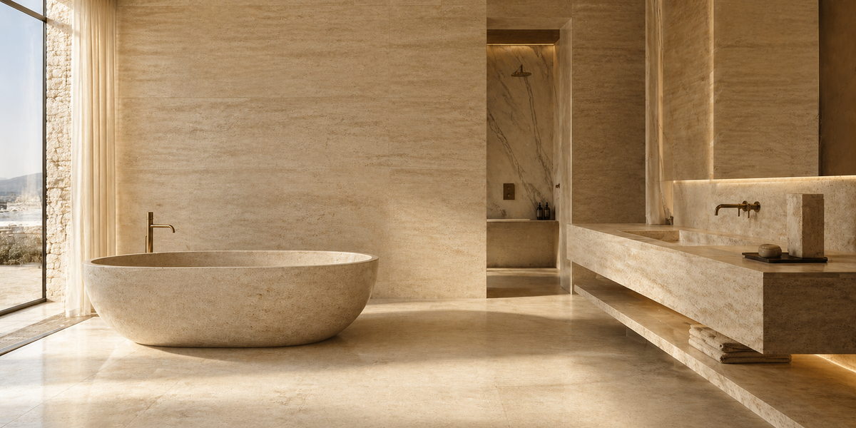 Freestanding travertine stone bathtub in a refined luxury bathroom interior for custom bath projects by OIXDESIGN.