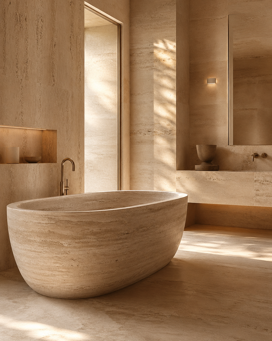Custom travertine stone bathtub in a warm architectural bathroom for luxury bath projects.