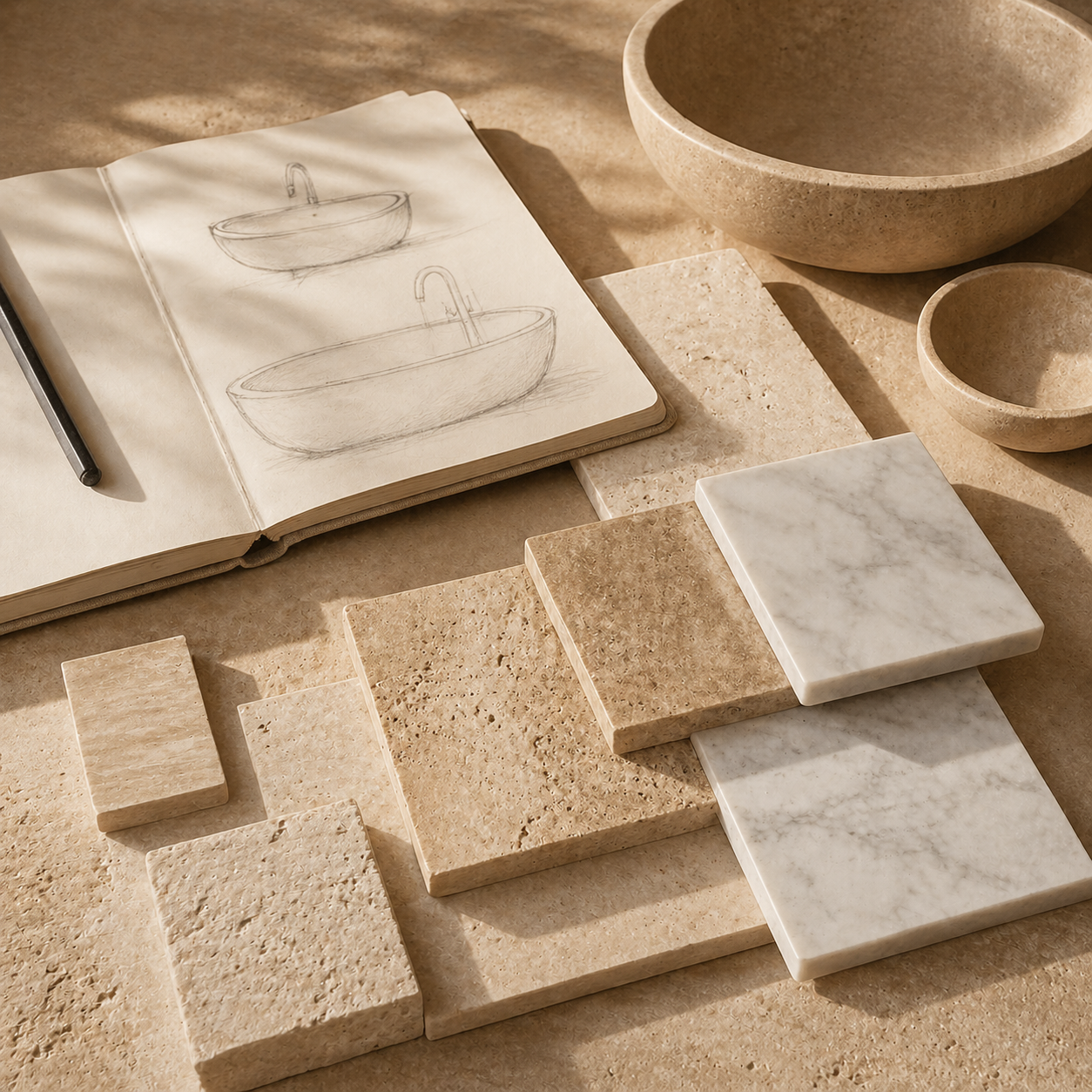 OIXDESIGN custom bath materials and finishes moodboard with travertine and marble stone samples
