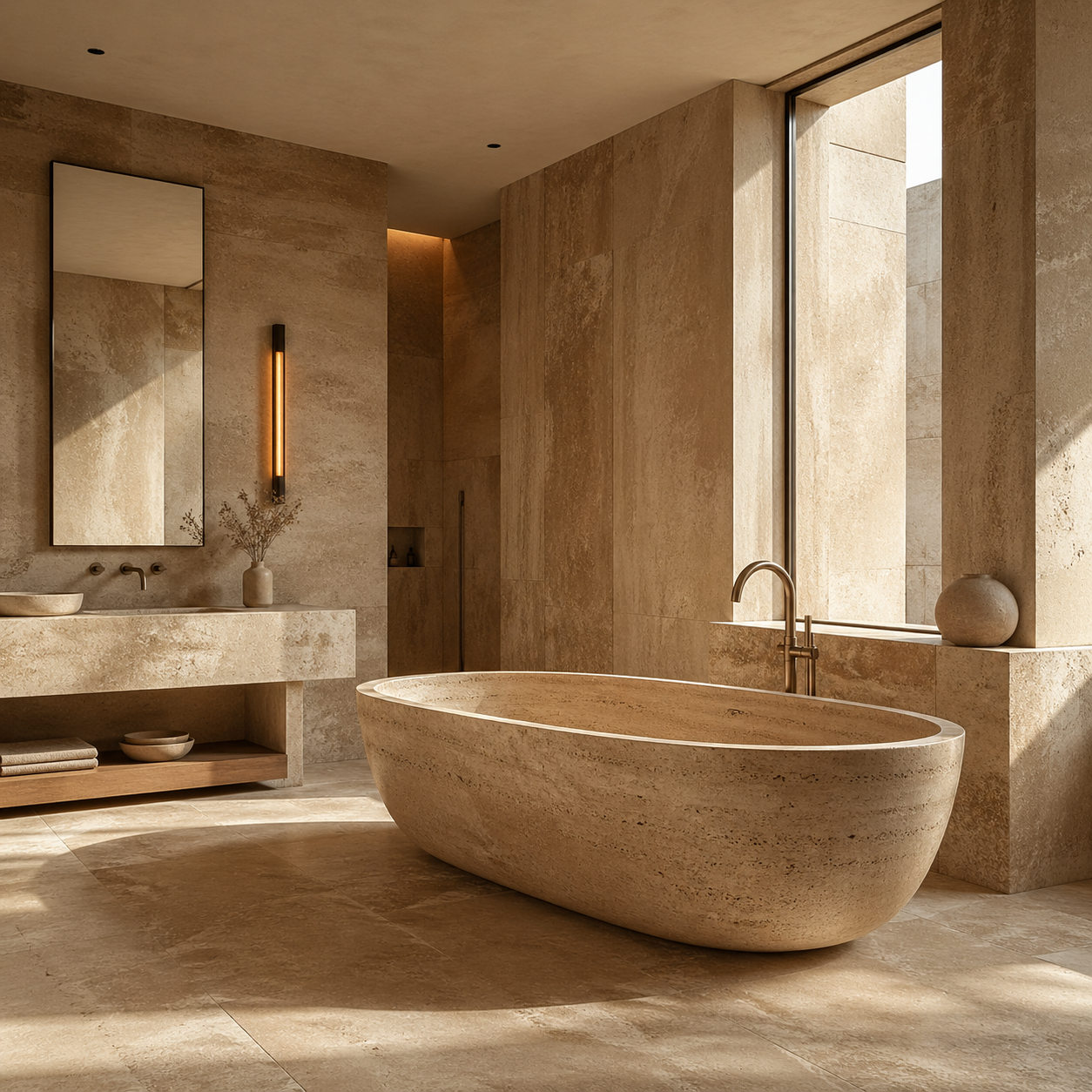 OIXDESIGN custom bath spa bathroom with warm natural light, natural stone surfaces, and a calm luxury atmosphere