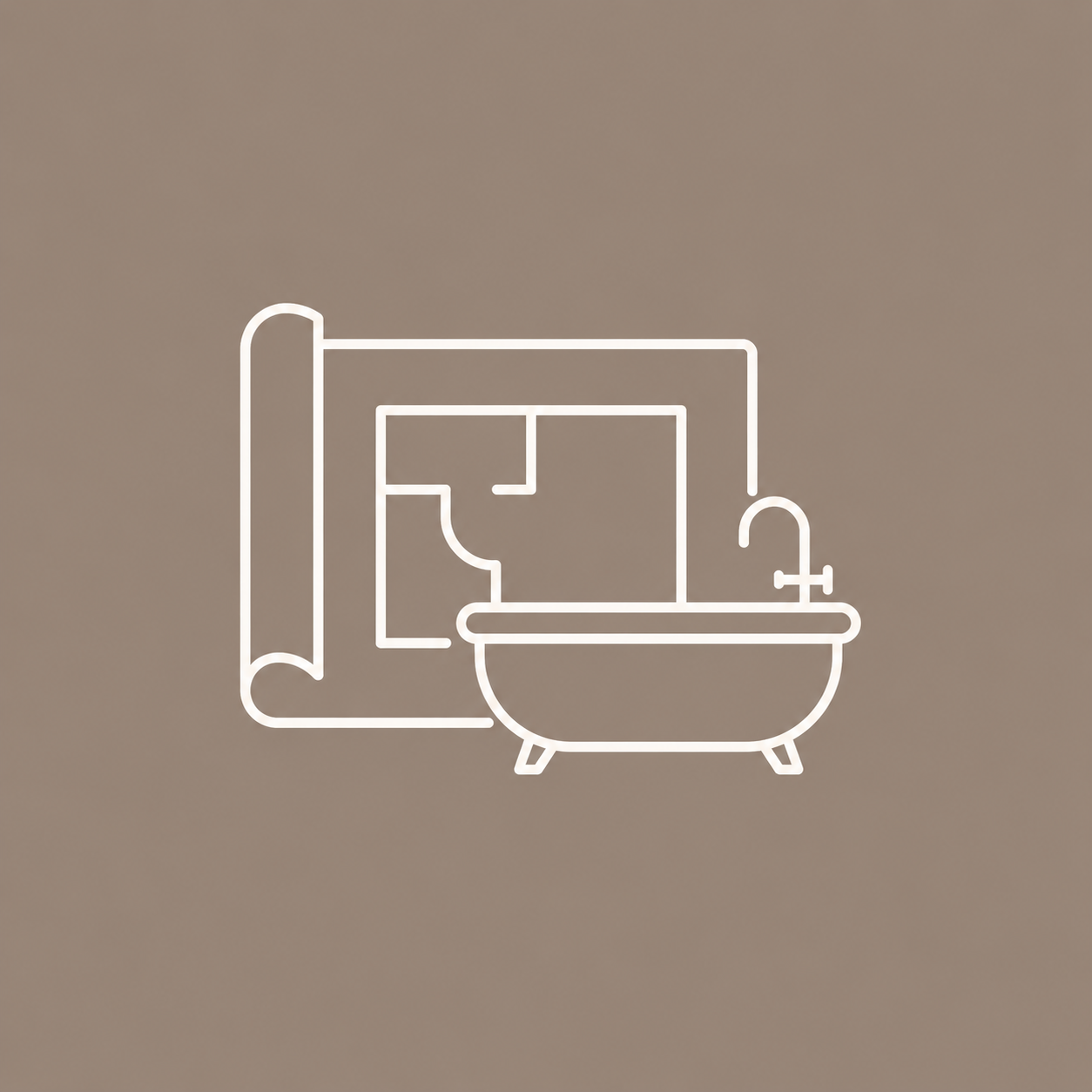 Minimal line icon with a bathtub and blueprint, representing custom stone bathtub design and project planning.