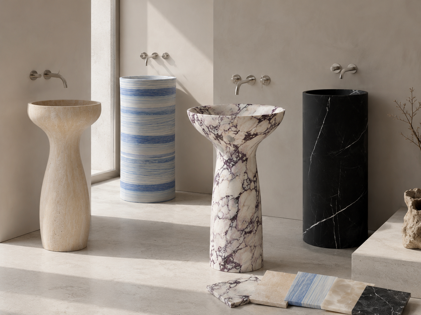 Custom natural stone pedestal sink display showing different material and design possibilities by OIXDESIGN