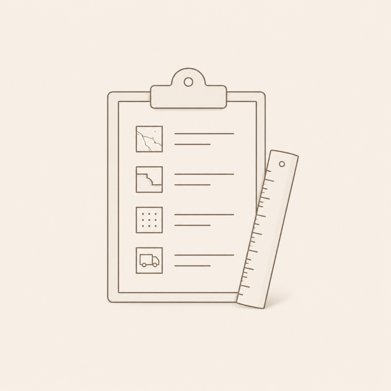 Checklist and measuring ruler icon for confirming custom stone project dimensions, materials, quantity, and delivery details.