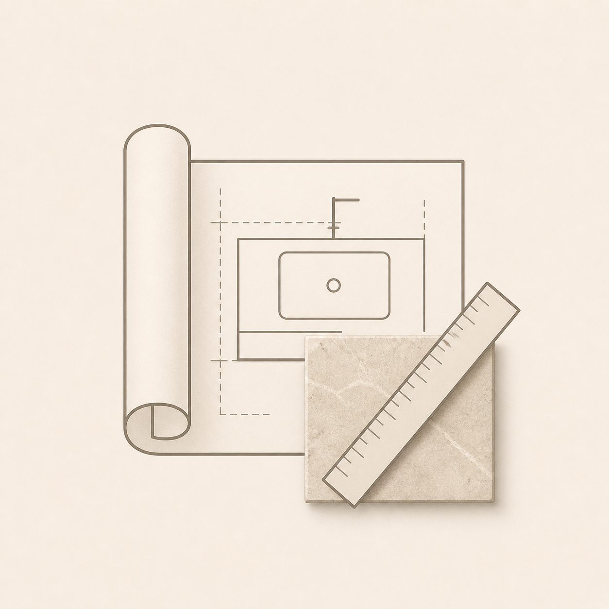 Minimal icon of a project blueprint and stone sample representing custom and project-ready support at OIXDESIGN