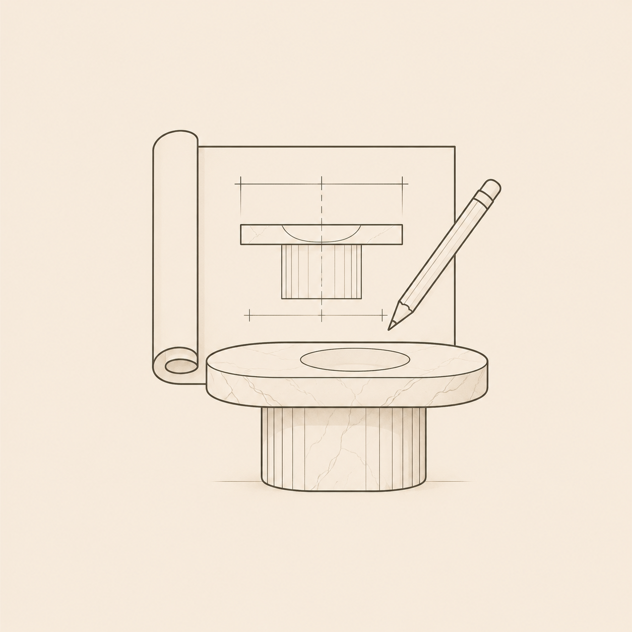 Minimal architectural blueprint and stone design concept icon for OIXDESIGN custom projects