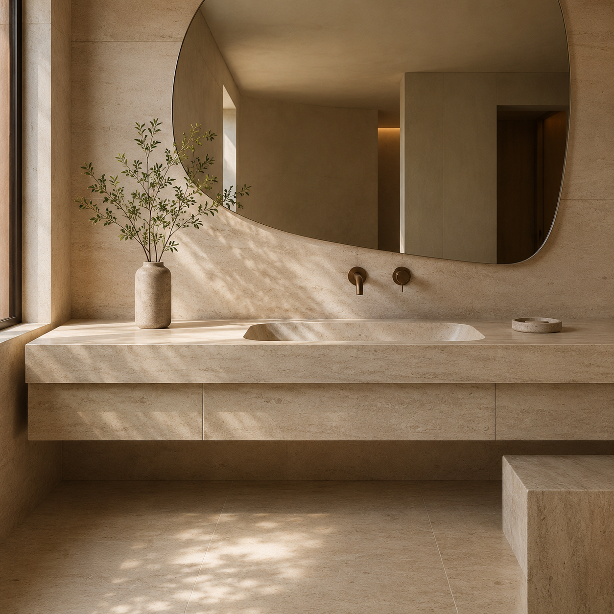 Serene bathroom with custom natural stone sink and bath details