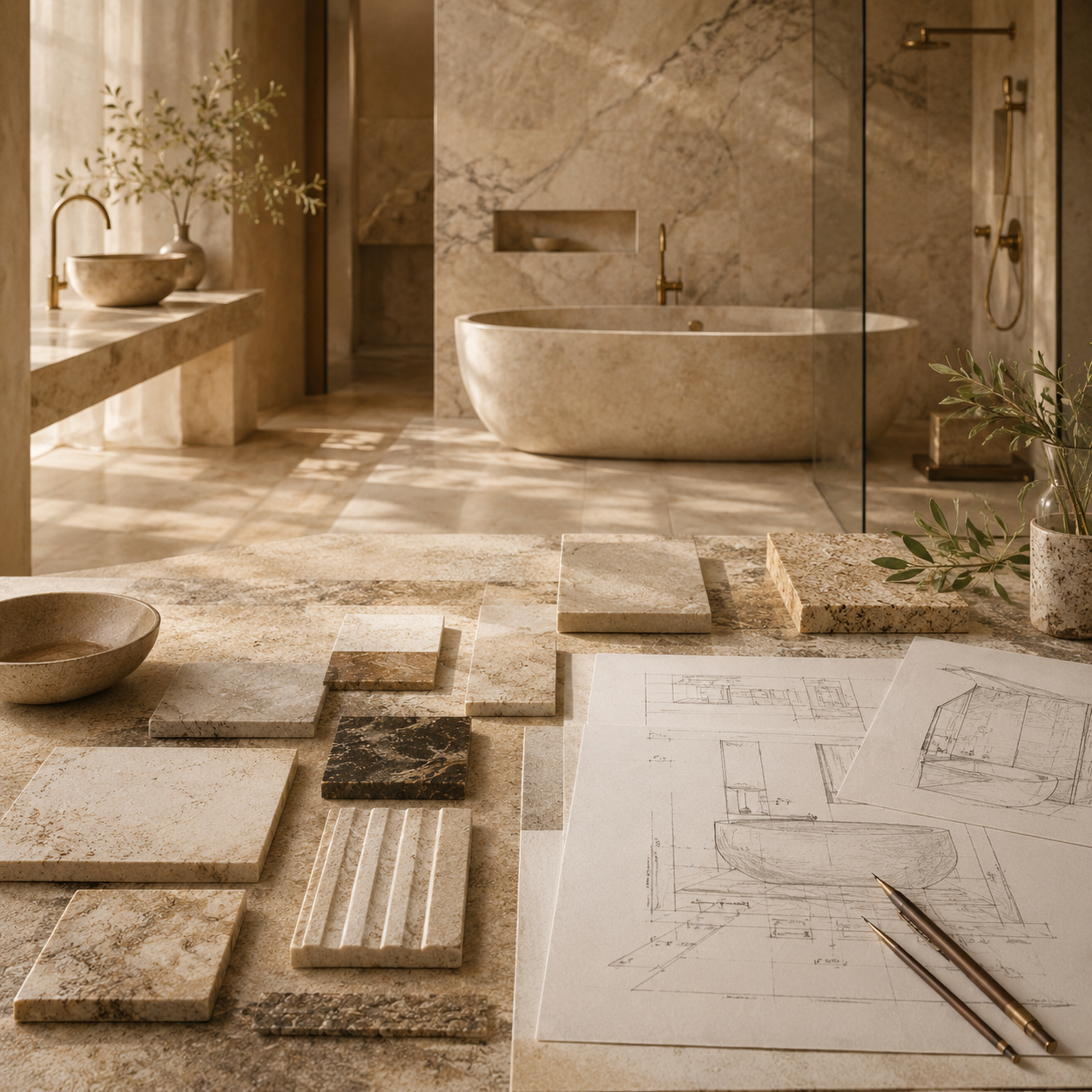 Custom stone bath project scene with a freestanding stone bathtub, material samples, and design sketches by OIXDESIGN.
