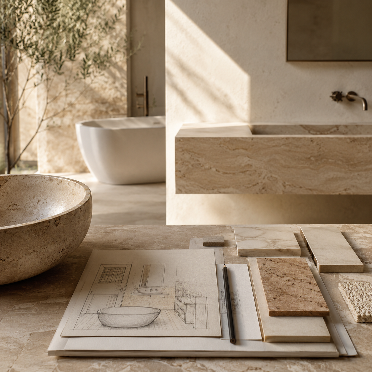 Custom bath project concept featuring coordinated natural stone bath elements