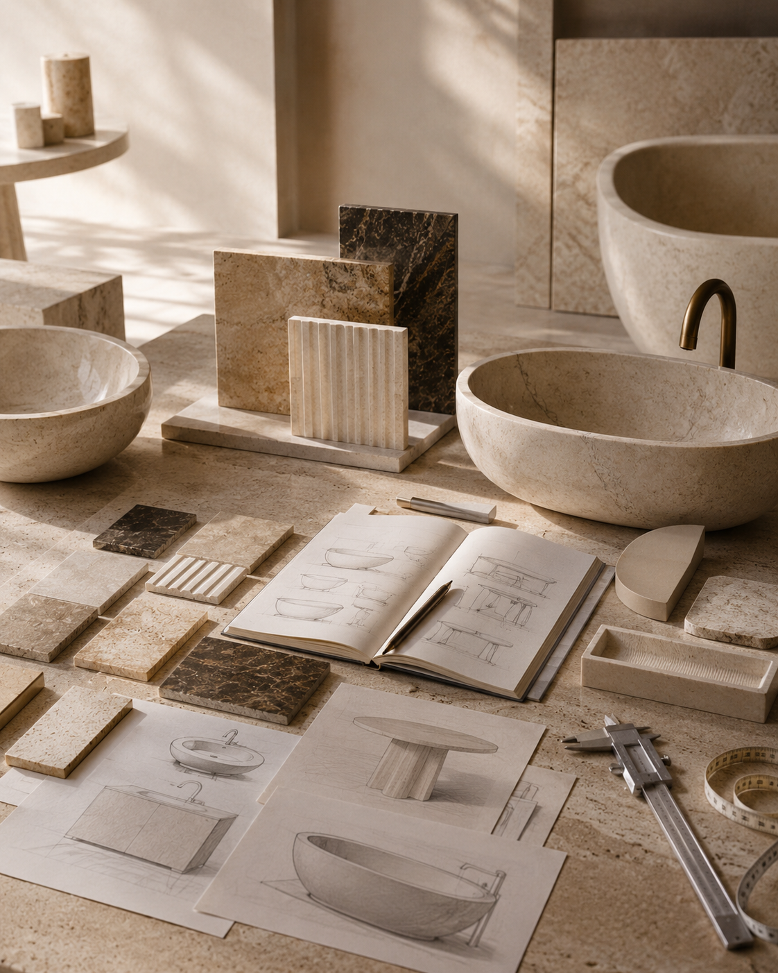 Curated natural stone samples, sketches, and finish options for custom stone tables, sinks, bathtubs, and vanities by OIXDESIGN.