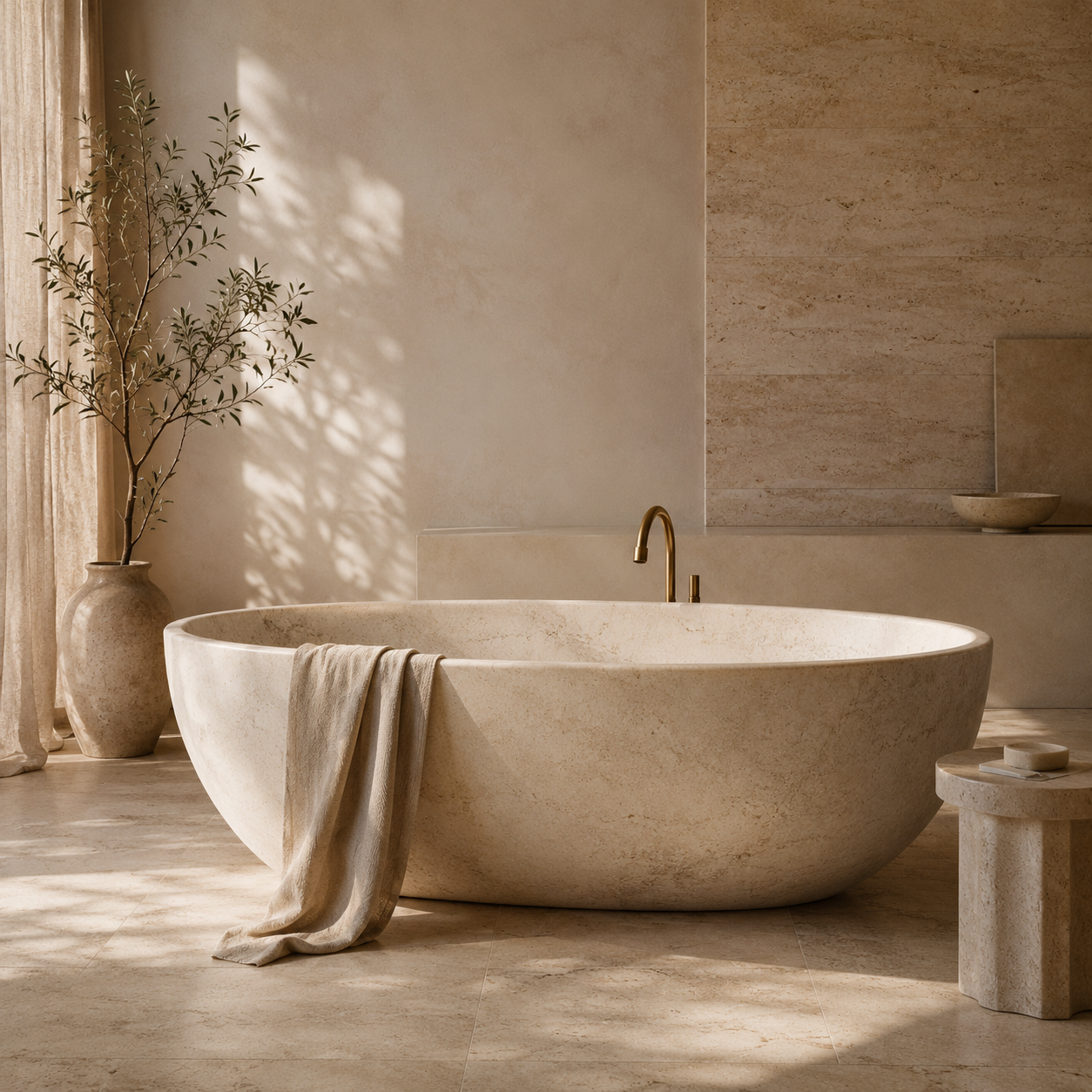 Customizable natural stone bathtub in a luxury sunlit bathroom