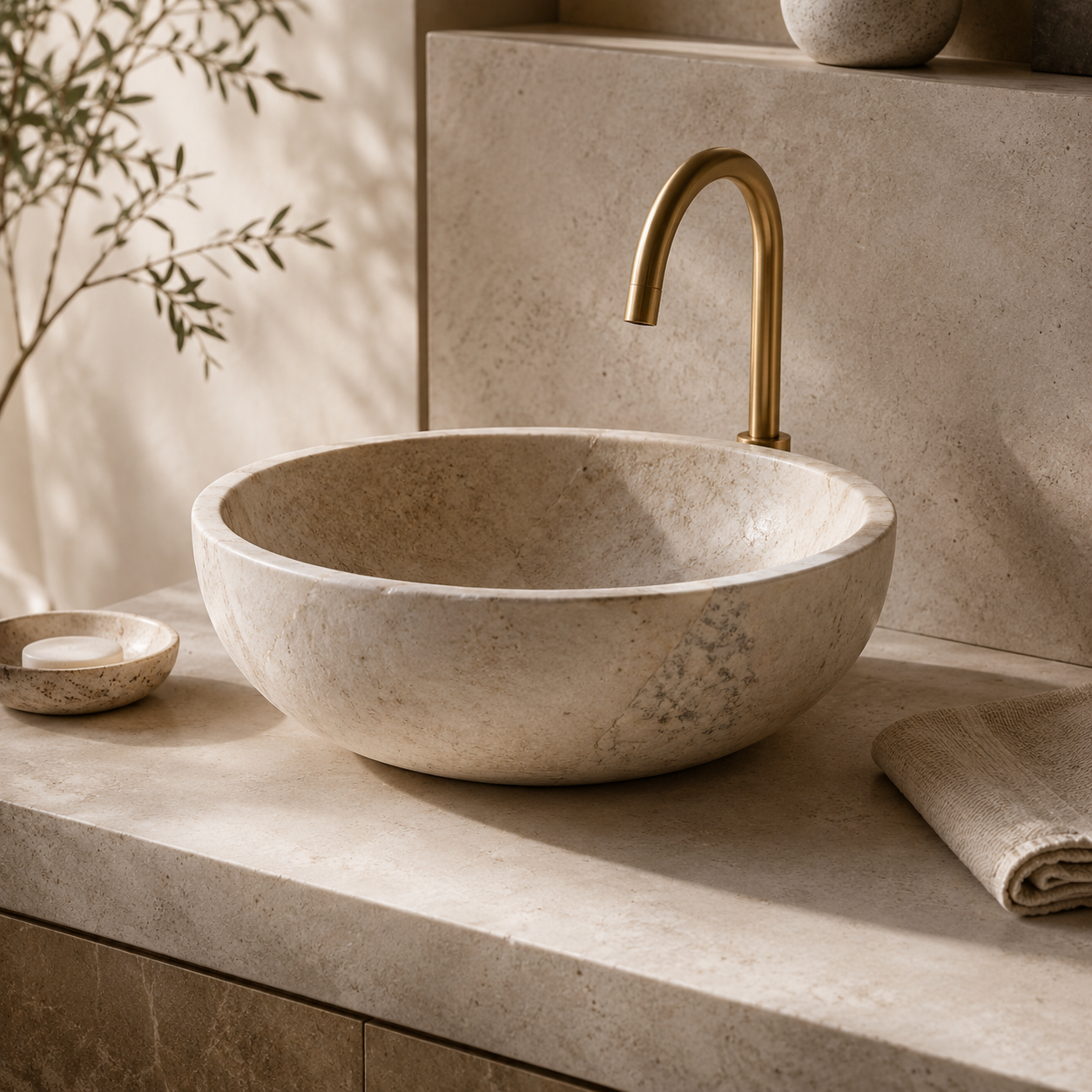 Customizable natural stone sink in a bright and refined bathroom setting