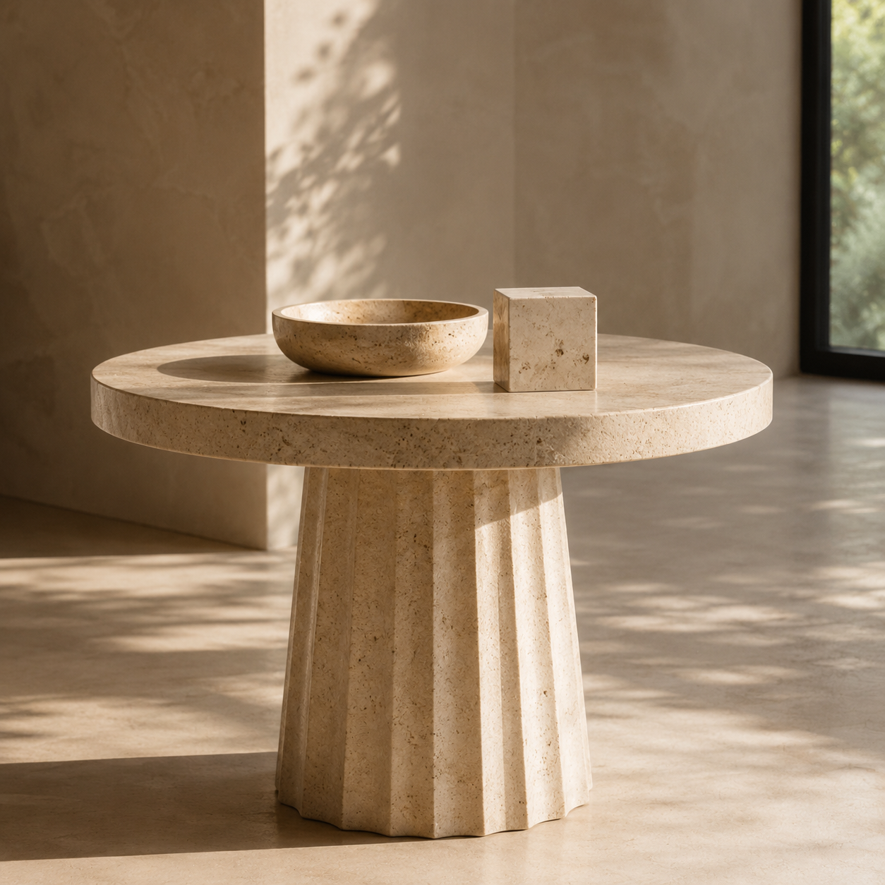 Customizable natural stone table displayed in a warm minimalist interior
