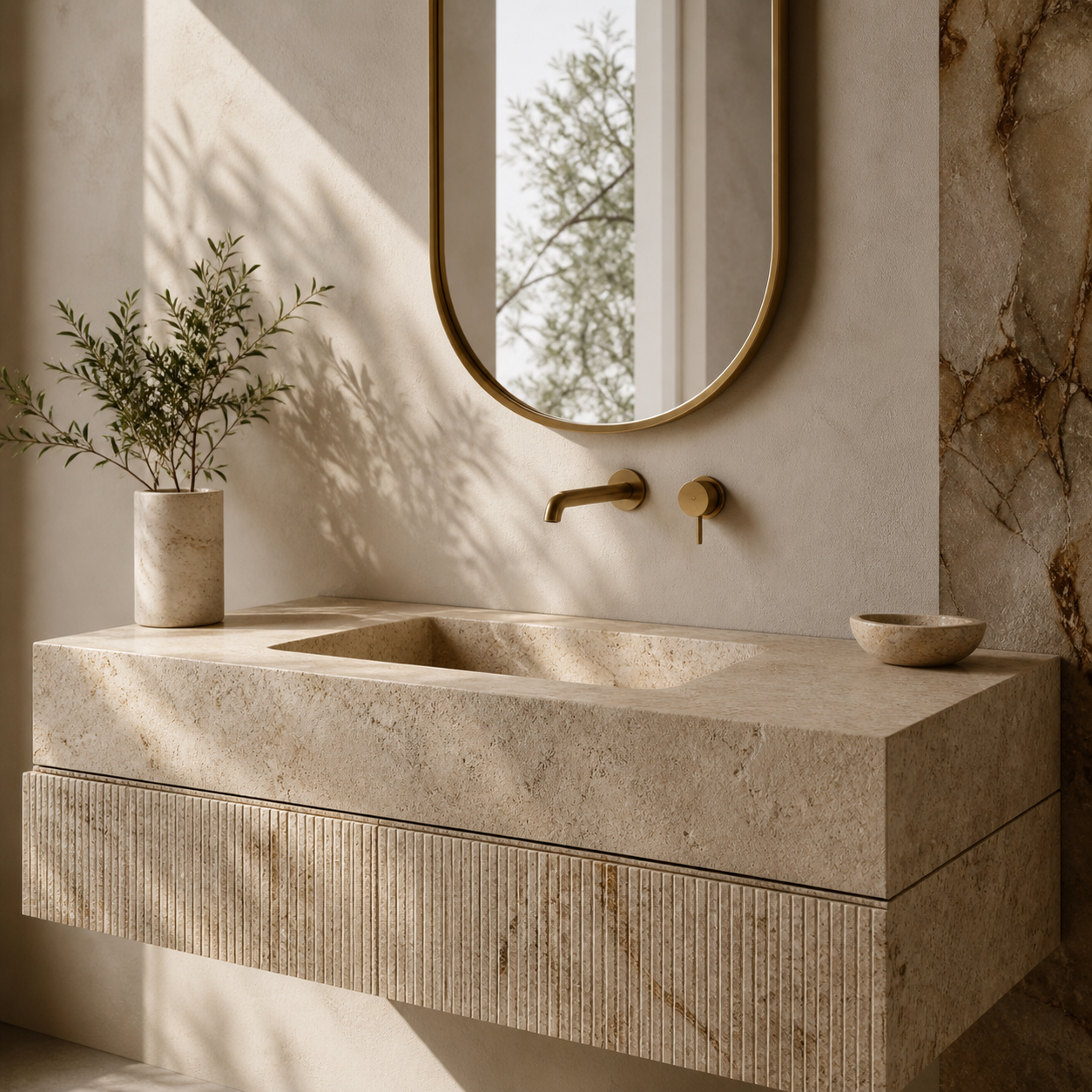 Customizable natural stone vanity with brass faucet in a refined bathroom