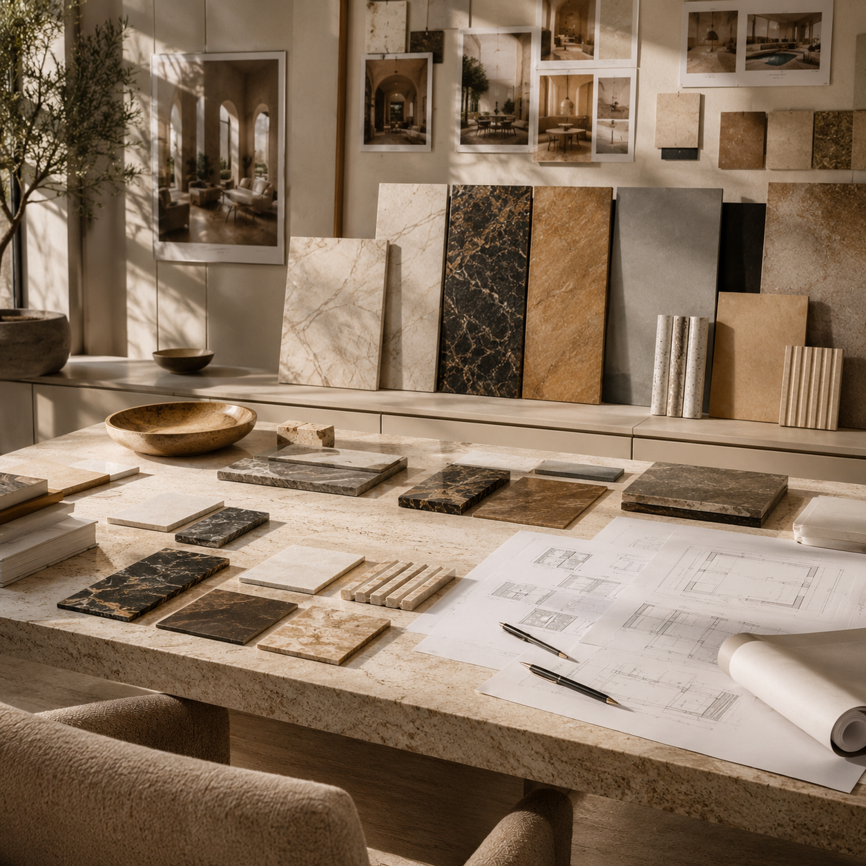 Natural stone project planning table with material samples and design references for designers, hospitality, and trade orders by OIXDESIGN.