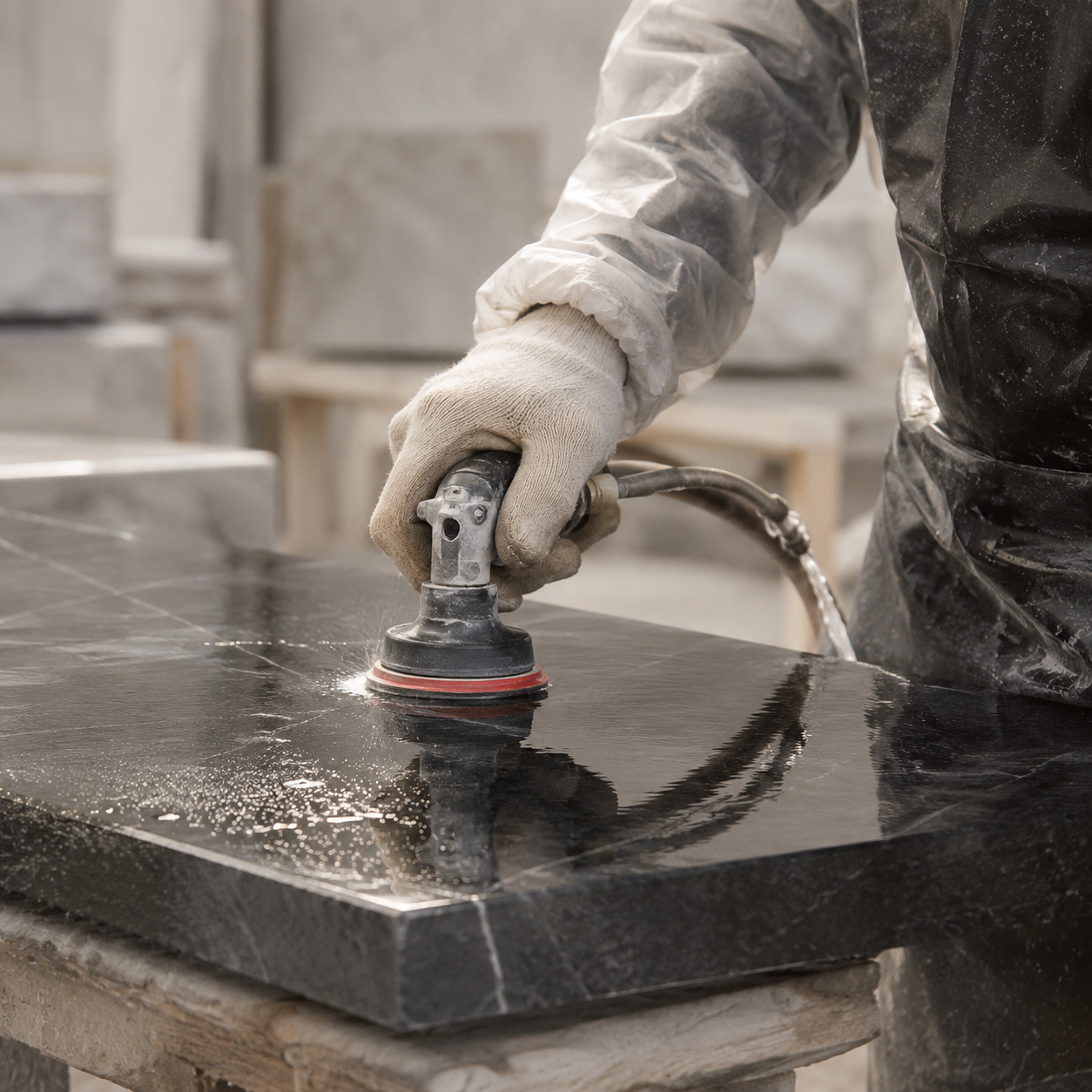 Hand polishing and finishing process on a natural stone surface for custom OIXDESIGN pieces.
