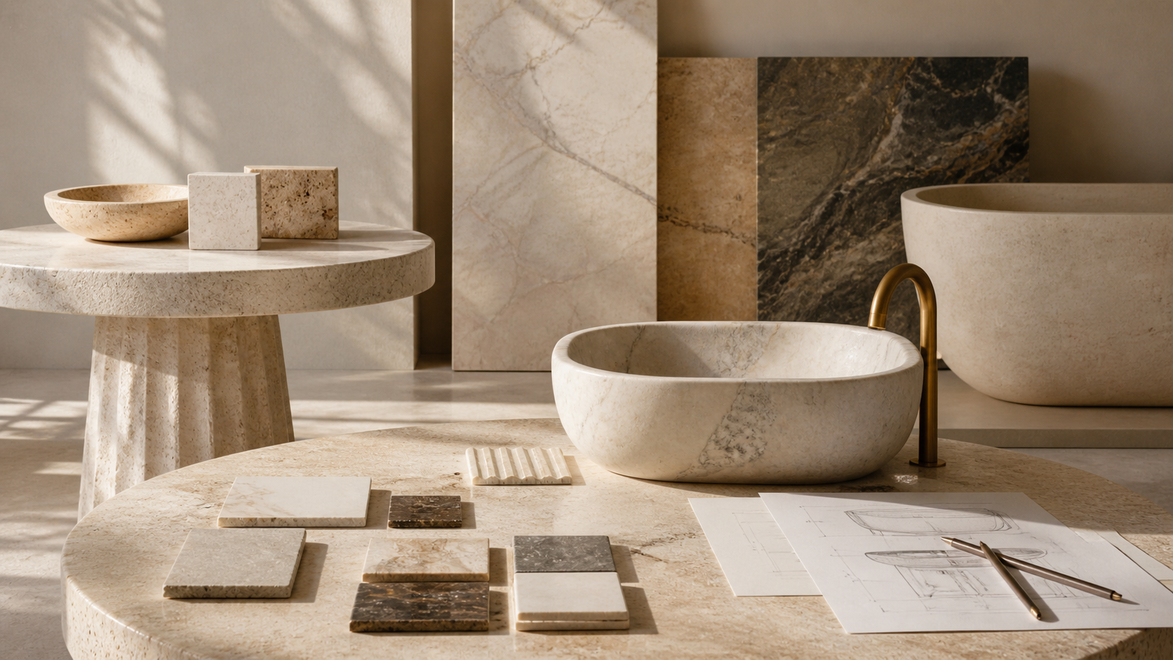 Custom natural stone solutions overview with design workspace and refined bath interior by OIXDESIGN