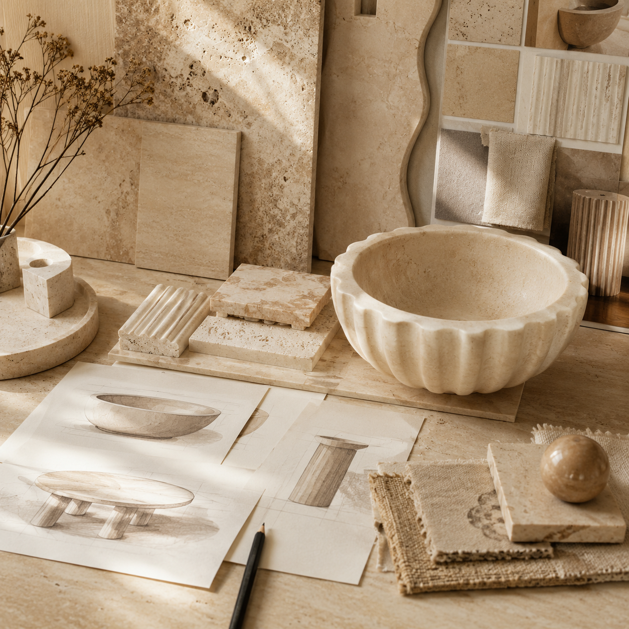 Architectural design workspace with curated material samples for OIXDESIGN custom solutions.