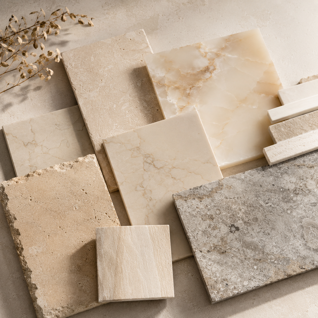 Assorted marble, travertine, and natural stone samples arranged for custom material selection by OIXDESIGN.