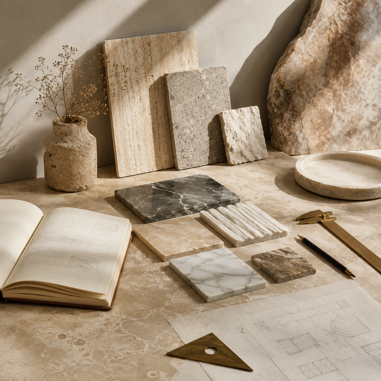 Elegant neutral design elements highlighting natural stone customization possibilities