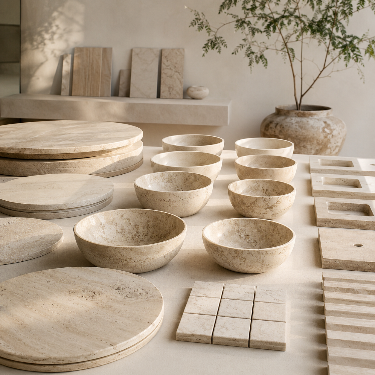 Grouped custom natural stone pieces in a refined studio setting, representing project quantities and multi-piece orders by OIXDESIGN.