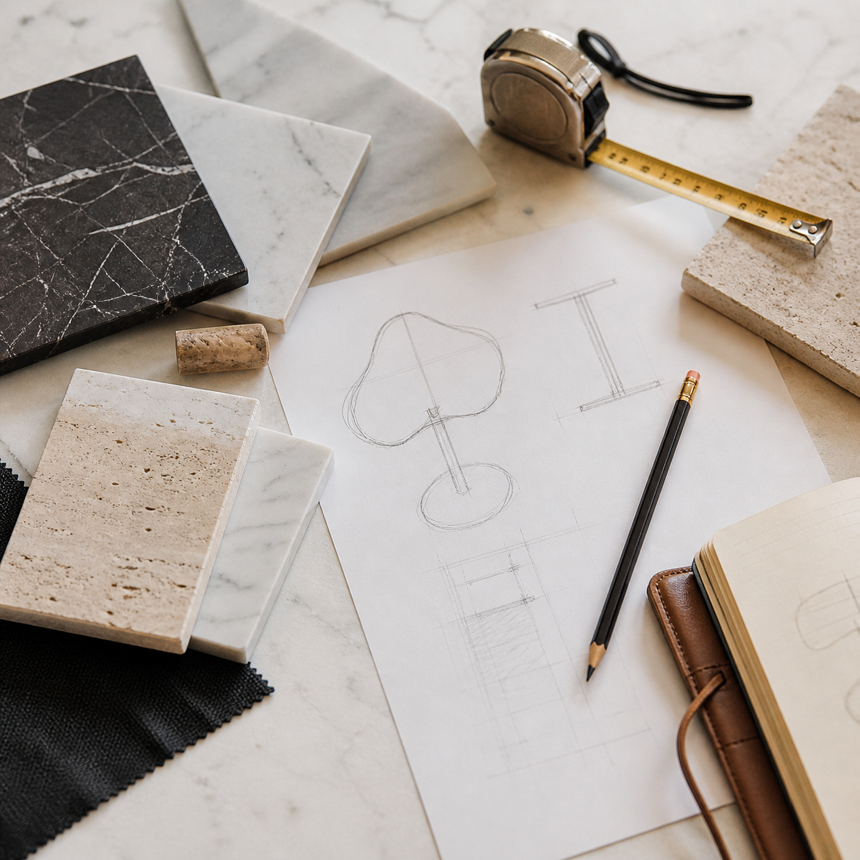 Natural stone samples, sketches, and measuring tools prepared for a custom quote request at OIXDESIGN