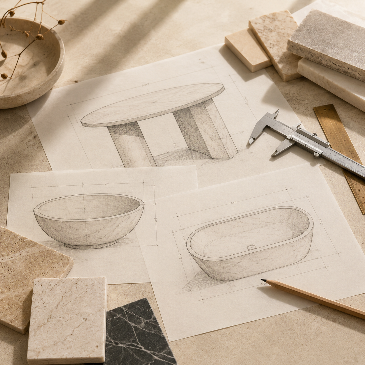 Stone design sketches, tools, and material samples showing customizable sizes and shapes by OIXDESIGN.