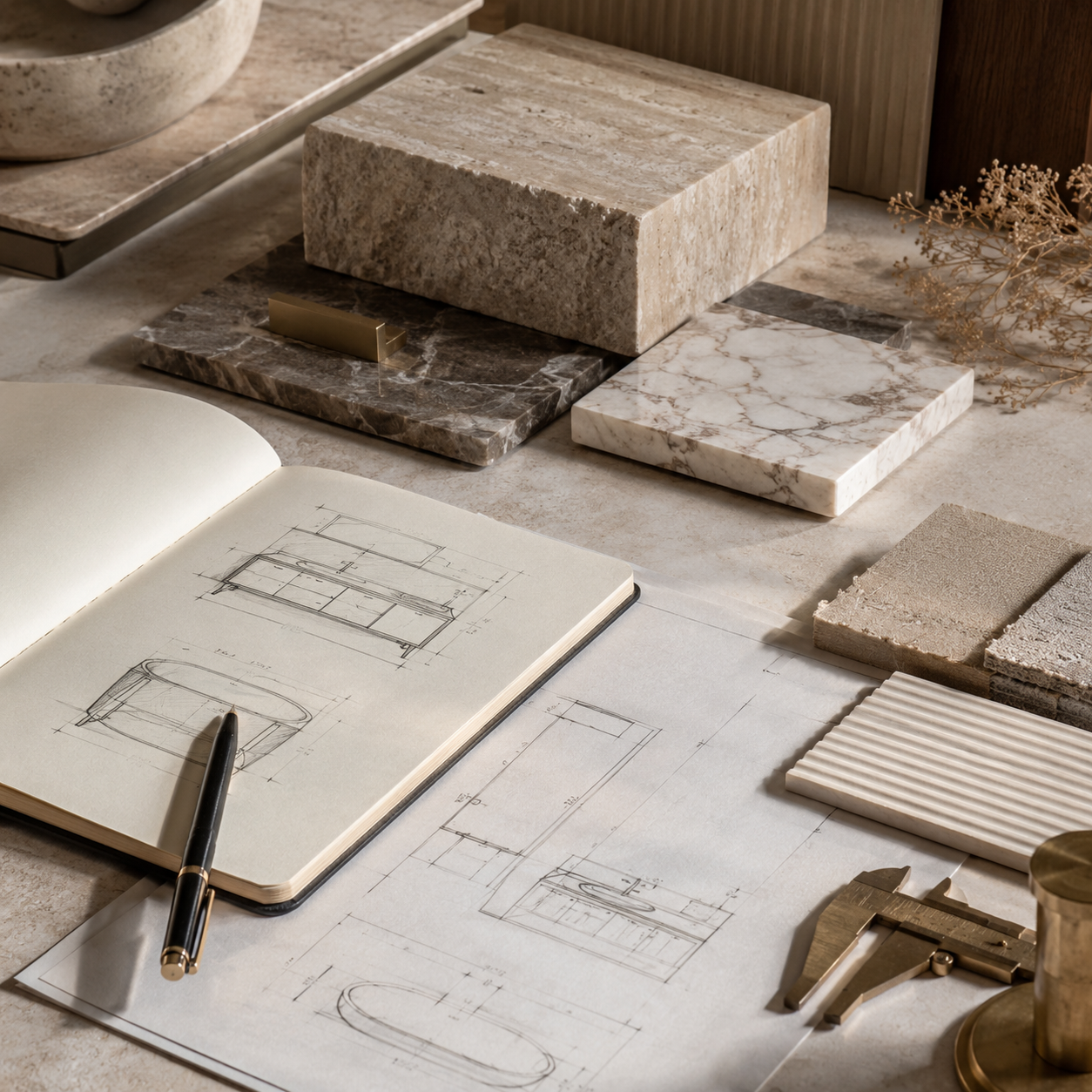 Custom stone solutions planning workspace with material samples, sketches, and design tools for OIXDESIGN project