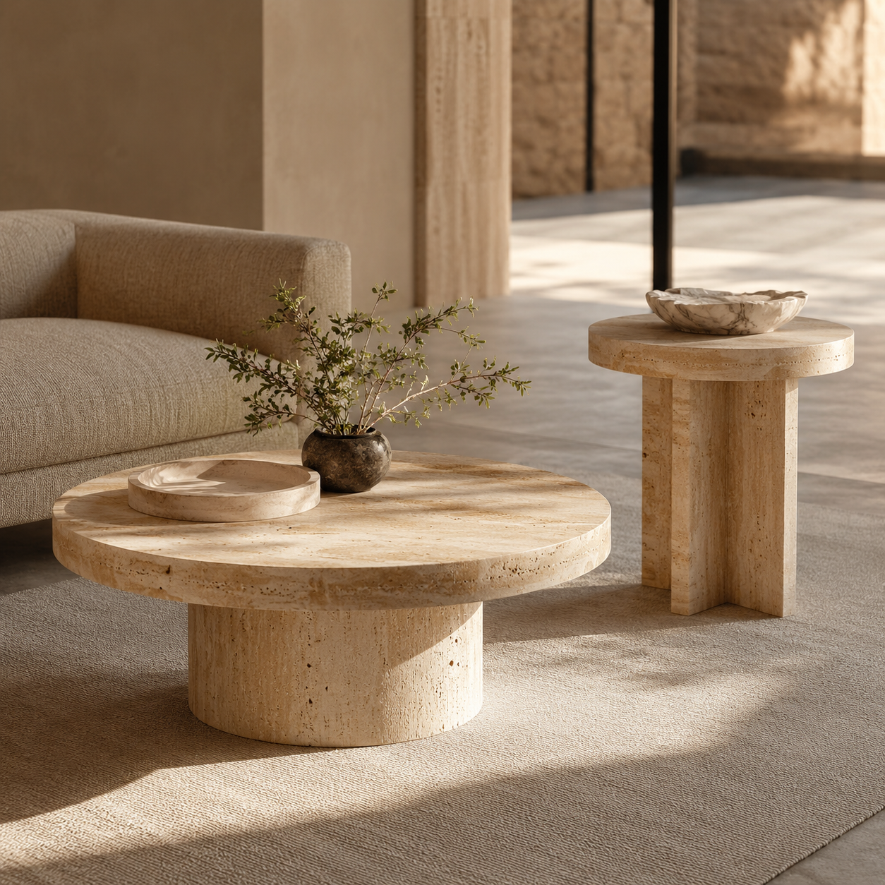Minimalist interior with custom natural stone furniture in warm light