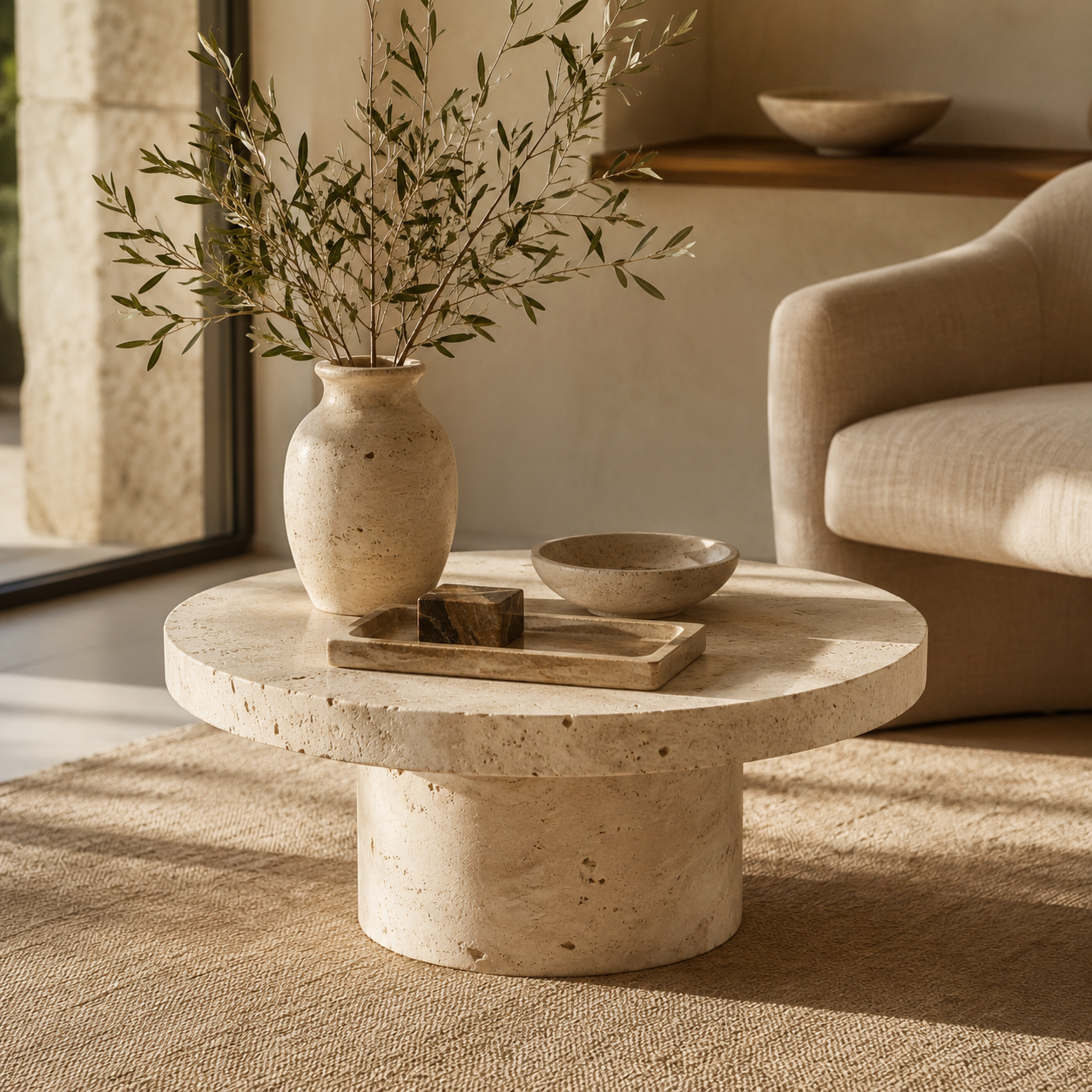 Warm natural stone table interior representing OIXDESIGN custom solutions and material possibilities.