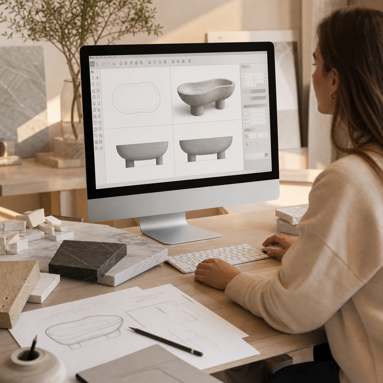 Stone design workspace with material samples, sketches, and product planning for custom trade and project orders by OIXDESIGN