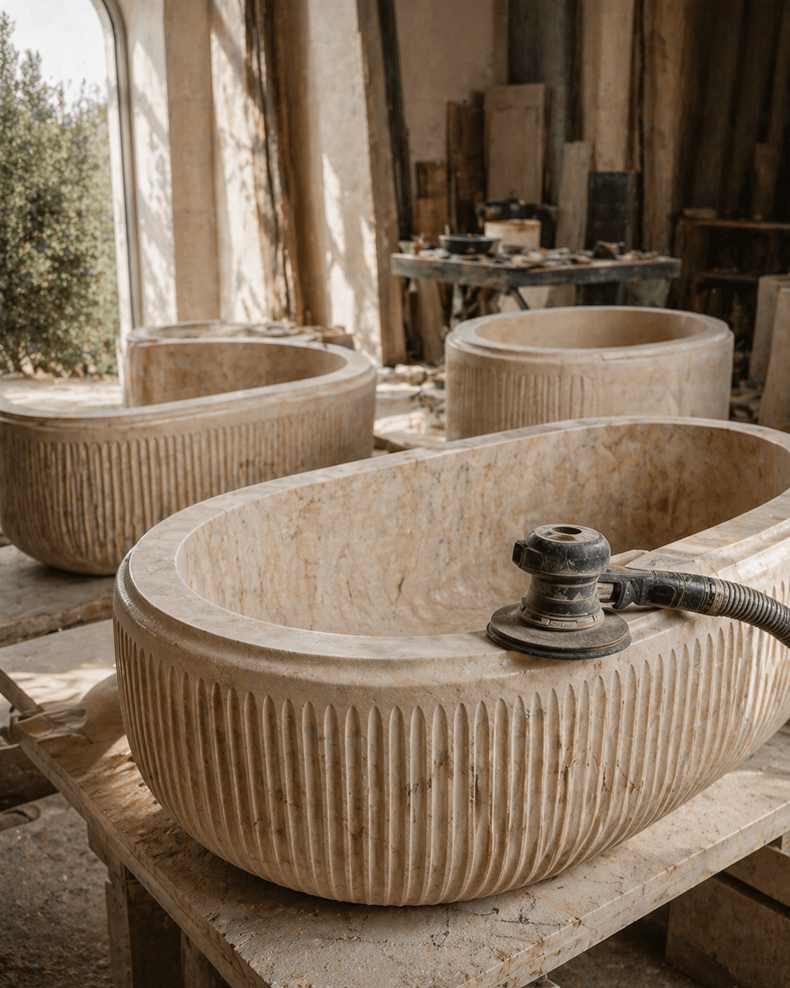 Custom carved natural stone bathtub in progress at a stonecraft workshop for bespoke bath projects