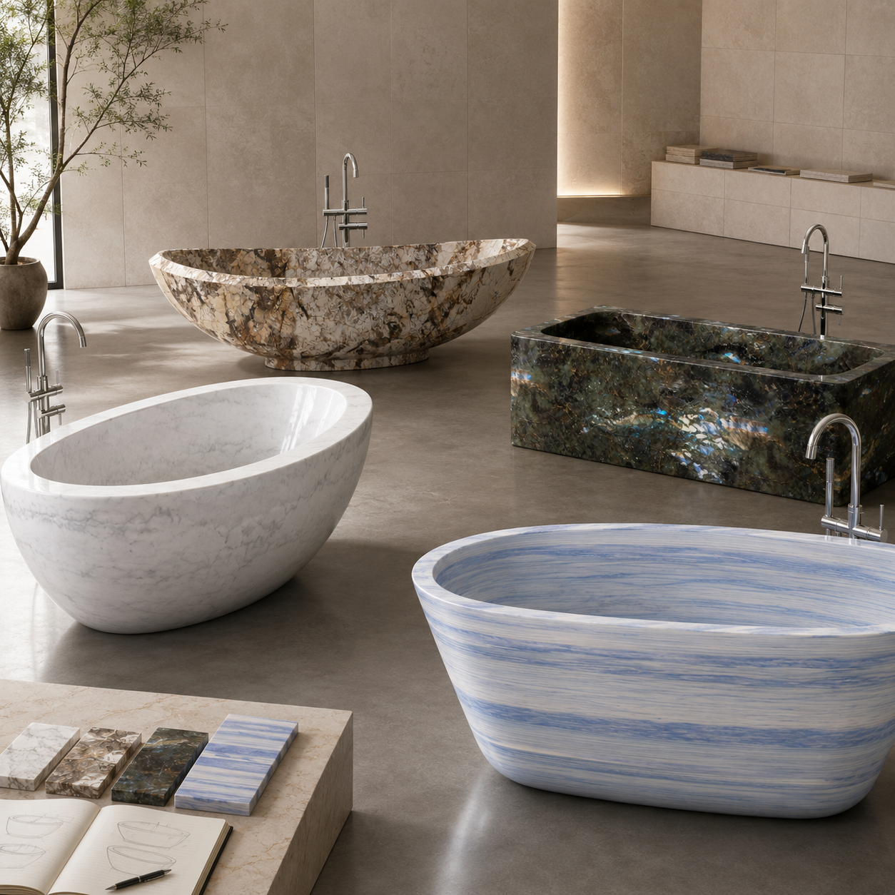 Custom stone bathtub options displayed in a bright modern bathroom, highlighting material and shape versatility by OIXDESIGN.