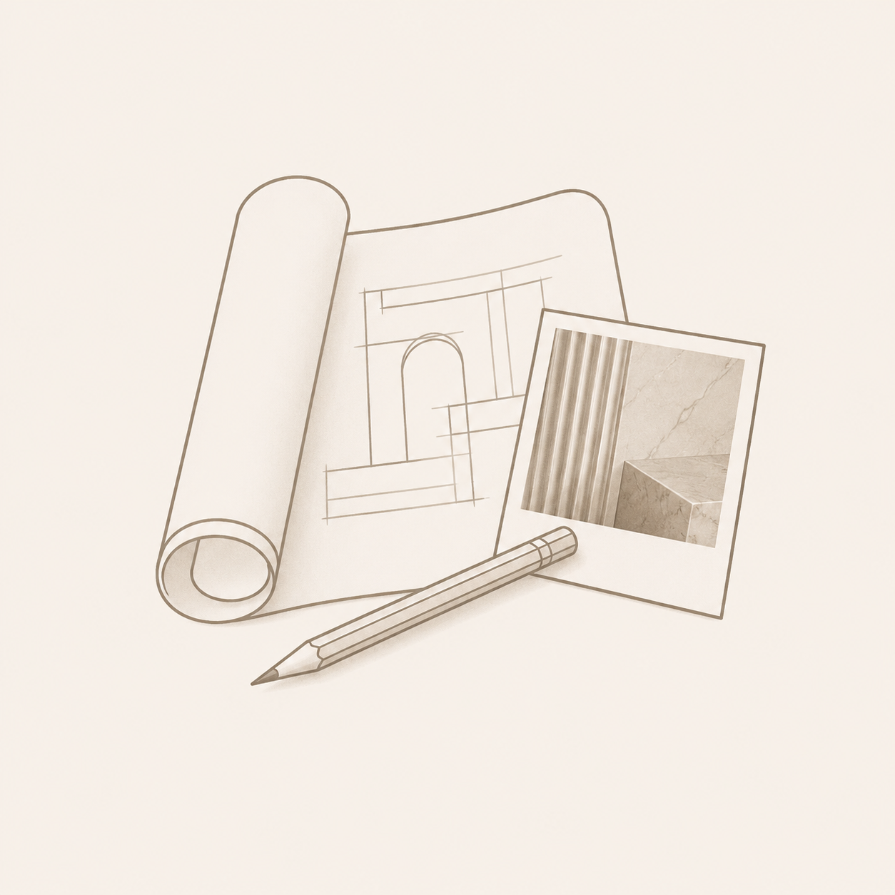 Architectural sketch, pencil, and inspiration card icon for sharing custom stone project ideas with OIXDESIGN.