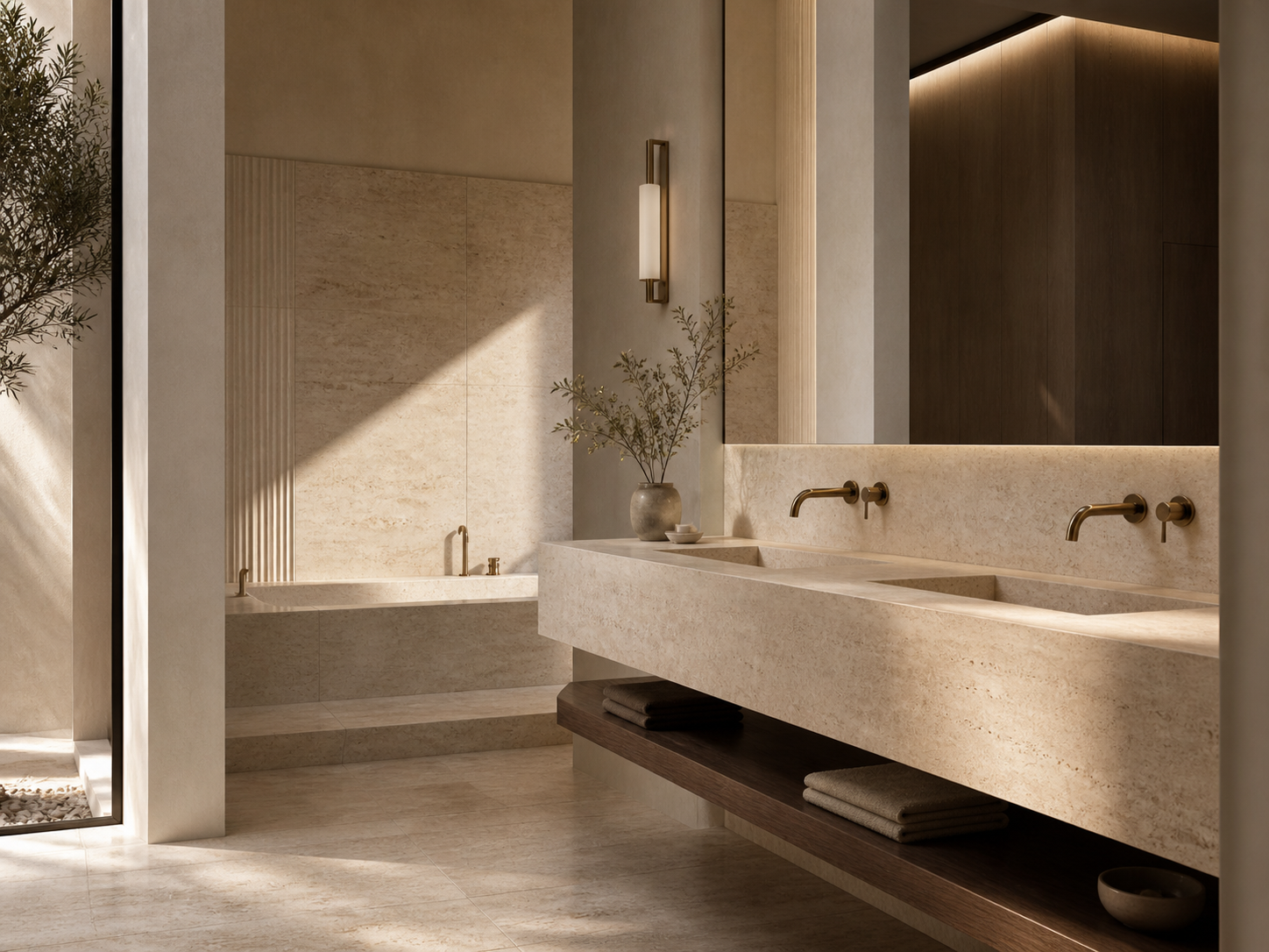 Custom natural stone integrated basin and vanity designed for refined bath projects