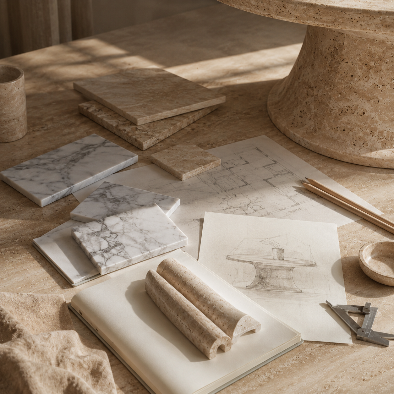 Custom stone solution concept with material samples, drawings, and design planning tools