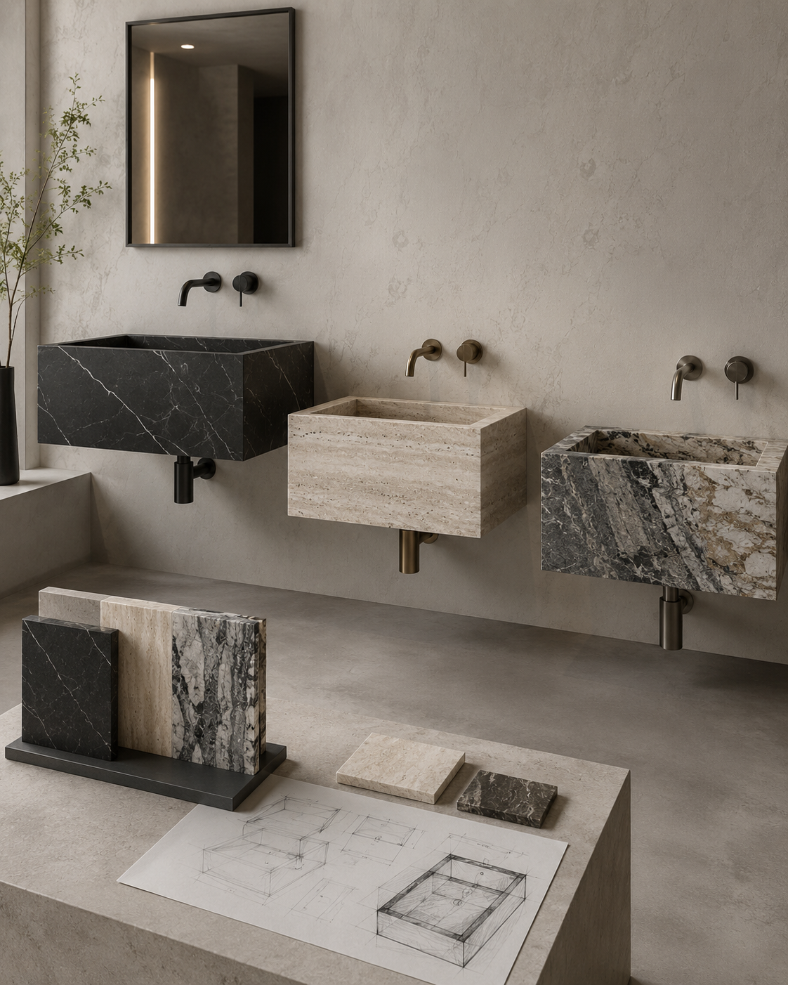 OIXDESIGN custom wall-mounted stone sink showing design and material options