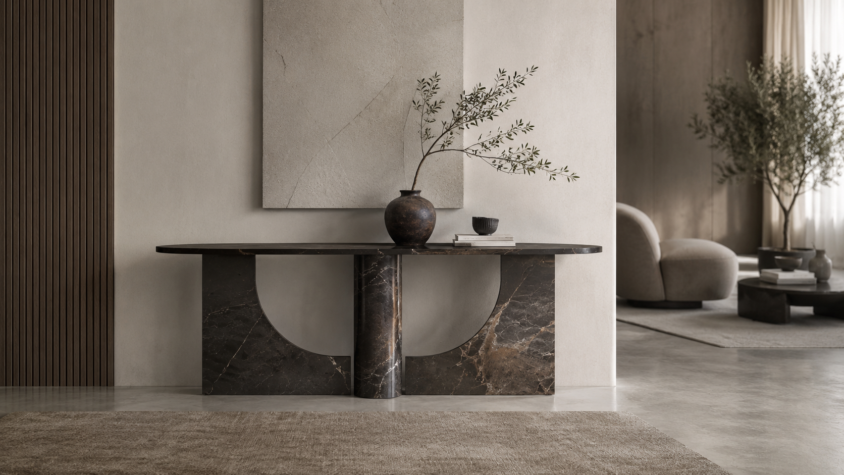 Dark marble console table by OIXDESIGN in a refined contemporary foyer interior
