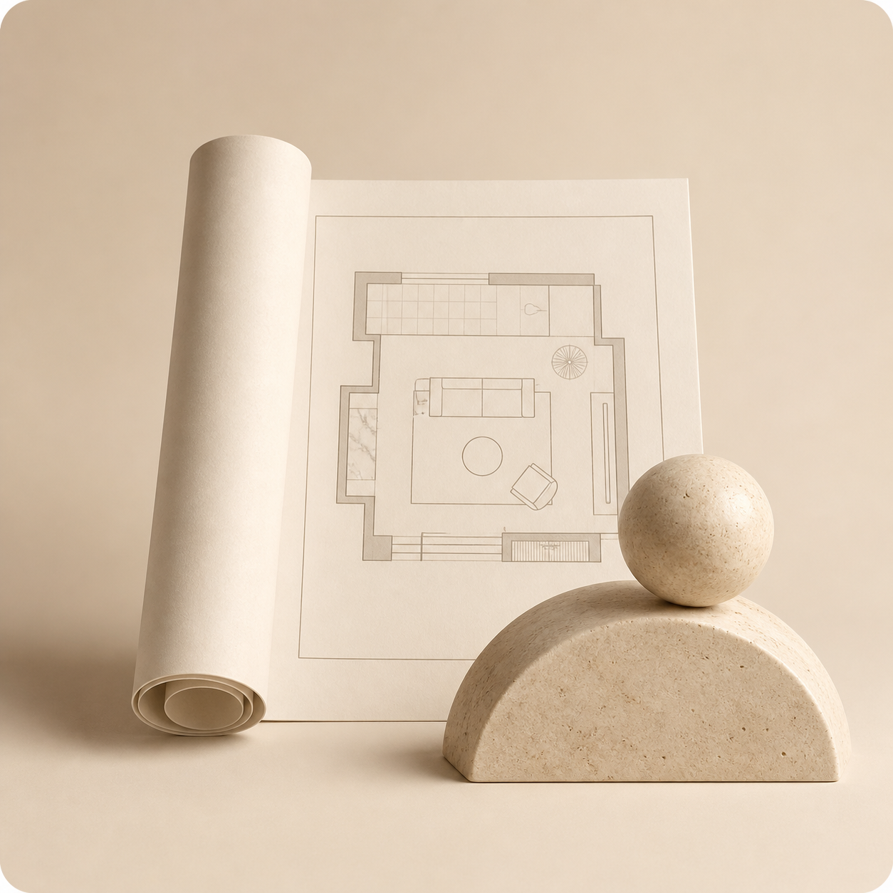 Minimal icon of a sculptural stone and architectural arrangement representing design support at OIXDESIGN