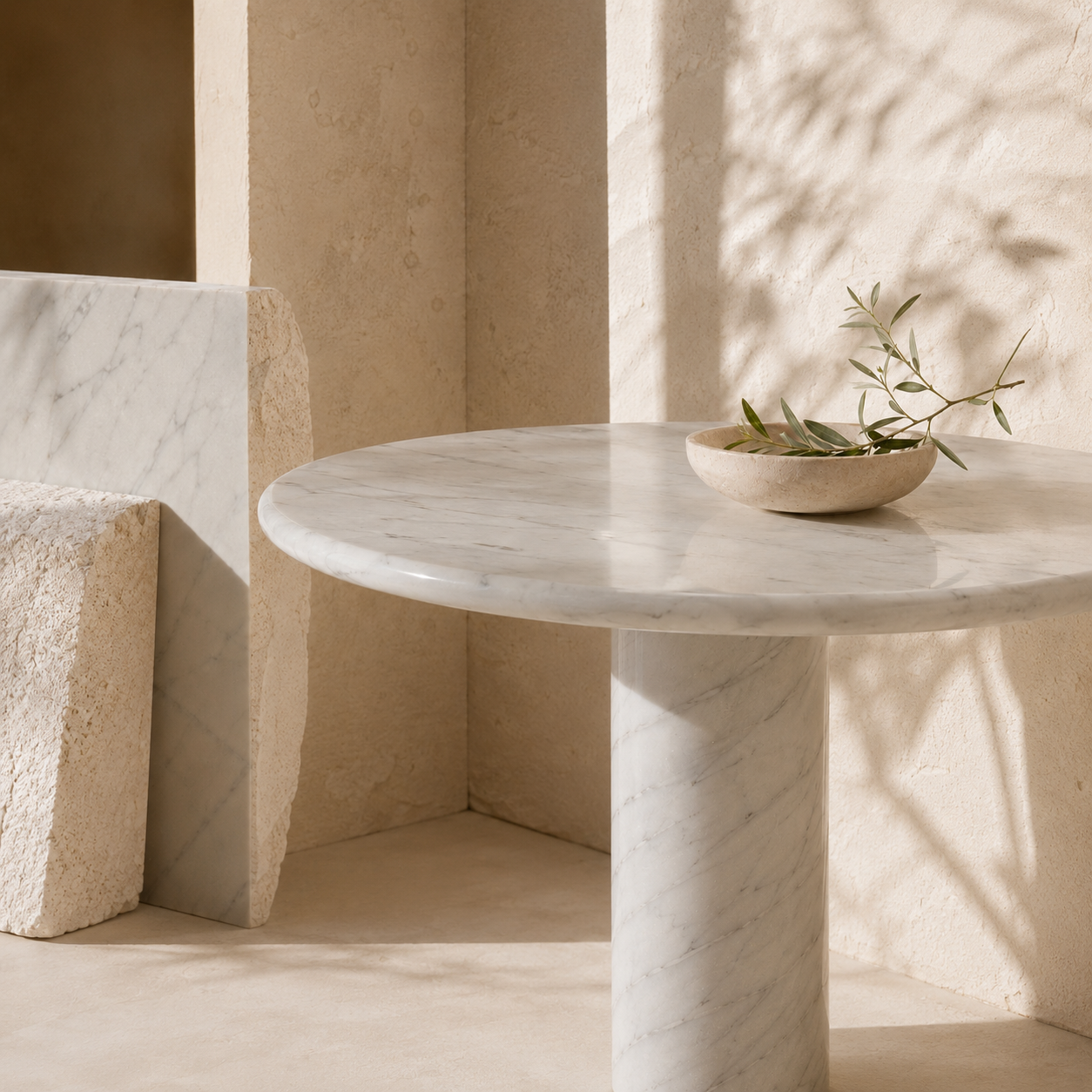 Round marble side table in a warm interior, showing the timeless durability and long-lasting beauty of natural stone