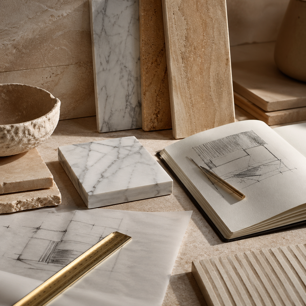 Marble and travertine samples with architectural drawings for natural stone design planning by OIXDESIGN