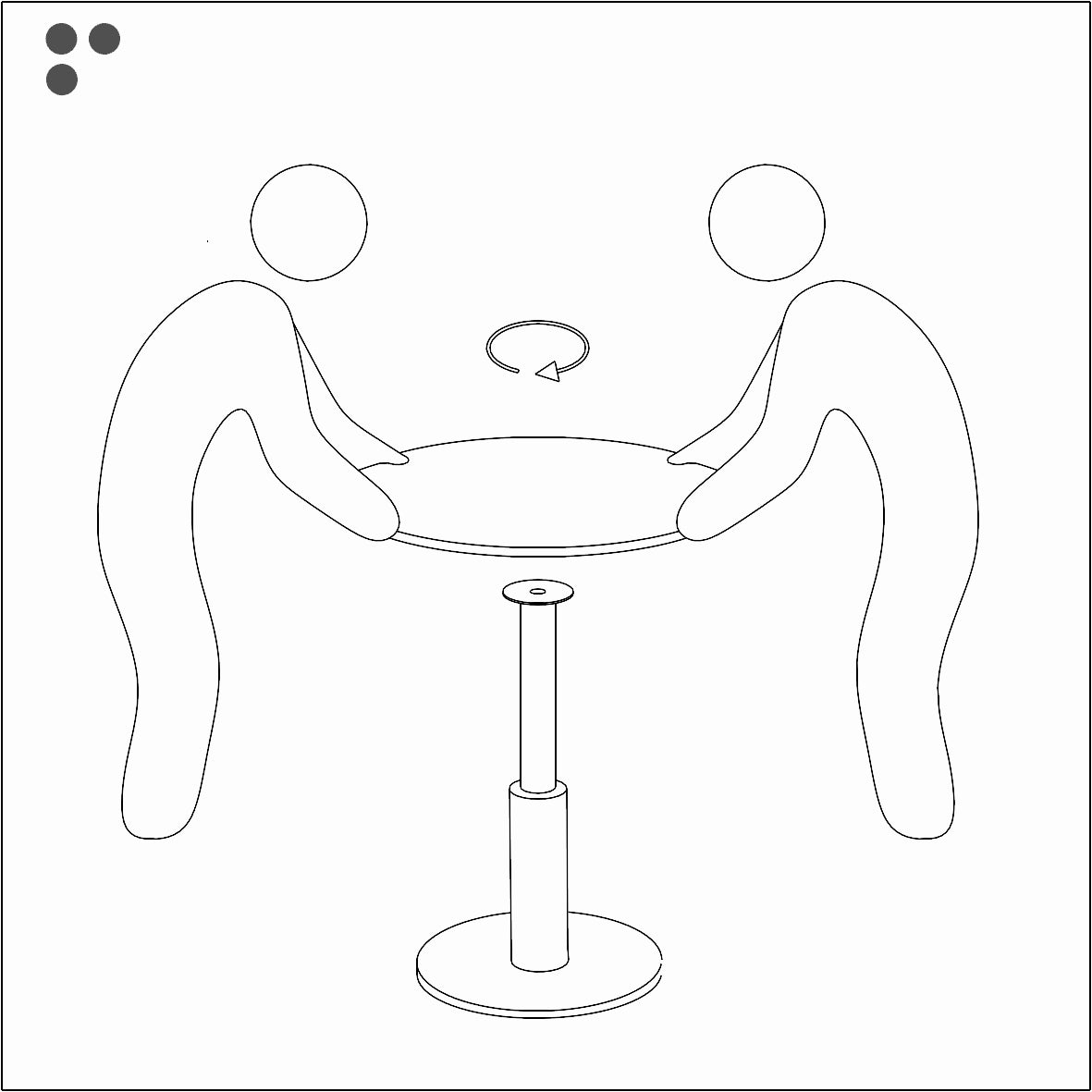 Line-style assembly diagram showing two people carefully lifting and positioning a natural stone tabletop onto the dining table base.