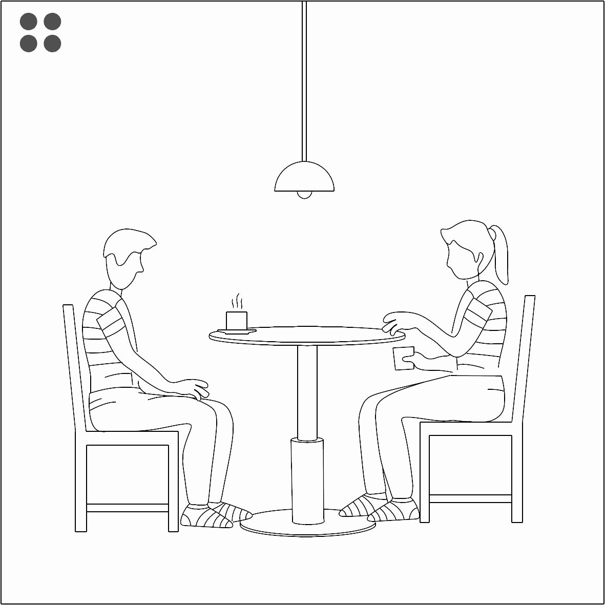 Line-style diagram of an assembled round natural stone dining table with a sculptural pedestal base, representing final positioning and alignment.