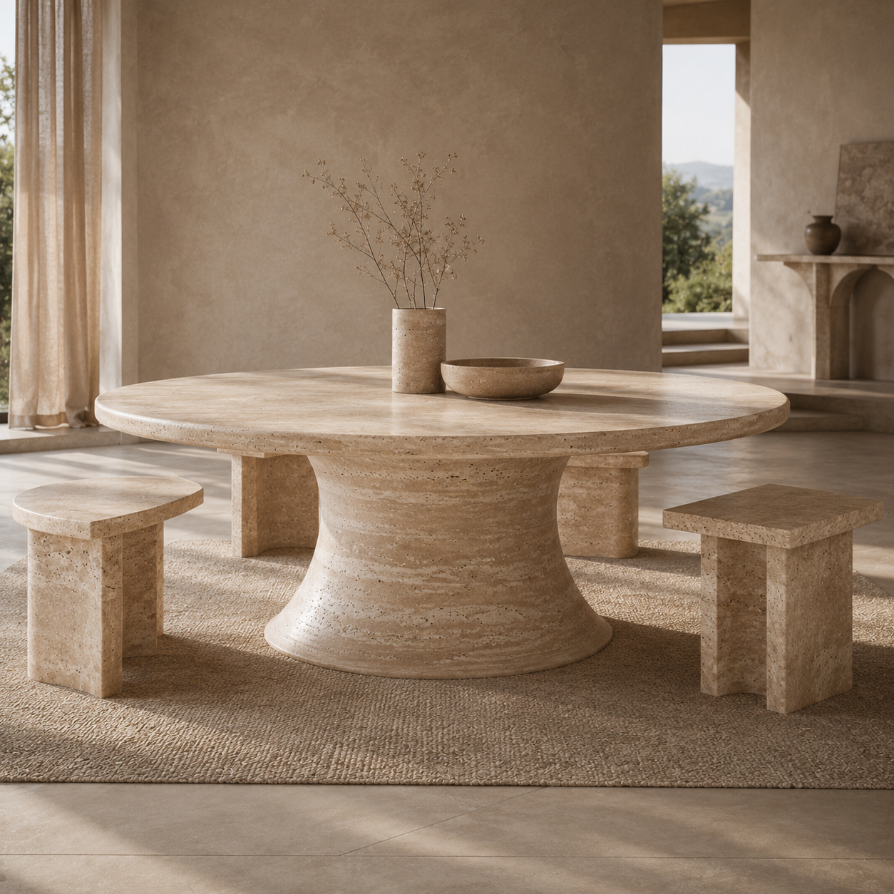 Round travertine dining table with bench seating in a warm minimalist interior